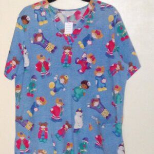 Cherokee Nurse/Doctor Doll Design Blue Multicolor L Scrub Top